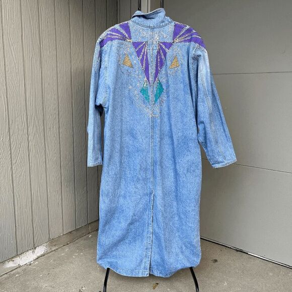 ✨ VTG 80s Sunbelt Denim Statement Trench w/ Glitter Puff Paint – M/L ✨ - Picture 7 of 8